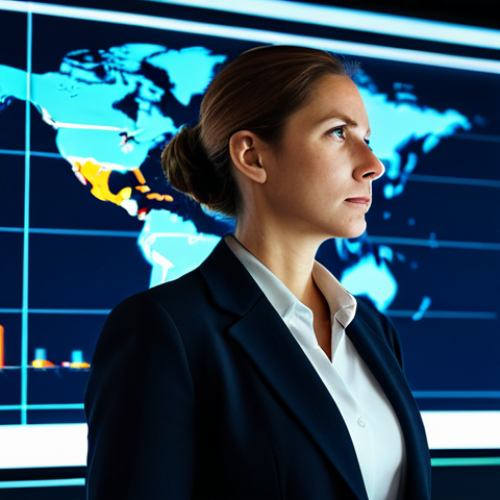 Home 14 A professional female business executive in a modest dark business suit, standing in a modern logistics control center. She is looking intently at a large digital screen displaying global shipping routes and data, with stylized lines highlighting extended ocean routes around the Cape of Good Hope for container ships. The atmosphere is focused and strategic, illuminated by the glow of the screens. High-resolution, professional photography, soft lighting, sharp focus, perfect anatomy, correct proportions, natural pose, well-formed hands, proper finger count, natural body proportions, safe for work, appropriate content, fully clothed, modest clothing, family-friendly.