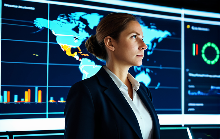 A professional female business executive in a modest dark business suit, standing in a modern logistics control center. She is looking intently at a large digital screen displaying global shipping routes and data, with stylized lines highlighting extended ocean routes around the Cape of Good Hope for container ships. The atmosphere is focused and strategic, illuminated by the glow of the screens. High-resolution, professional photography, soft lighting, sharp focus, perfect anatomy, correct proportions, natural pose, well-formed hands, proper finger count, natural body proportions, safe for work, appropriate content, fully clothed, modest clothing, family-friendly.