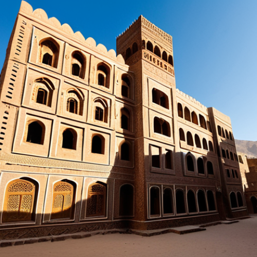 Home 7 A majestic multi-story tower house in Old Sana'a, Yemen, built from sun-dried adobe bricks, stands under a bright sky. Its intricate facade is adorned with delicate white gypsum friezes featuring geometric and calligraphic patterns. Golden light filters from the distinctive alabaster windows, casting a warm glow. The building is nestled within a narrow, winding street, showcasing the ancient city's unique urban fabric. The scene captures the timeless beauty and architectural genius of Sana'a, fully clothed, modest clothing, appropriate attire, professional dress, safe for work, appropriate content, perfect anatomy, correct proportions, natural pose, well-formed hands, proper finger count, natural body proportions, professional photography, high quality, family-friendly.