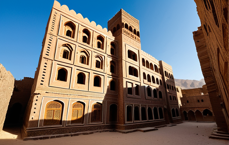 A majestic multi-story tower house in Old Sana'a, Yemen, built from sun-dried adobe bricks, stands under a bright sky. Its intricate facade is adorned with delicate white gypsum friezes featuring geometric and calligraphic patterns. Golden light filters from the distinctive alabaster windows, casting a warm glow. The building is nestled within a narrow, winding street, showcasing the ancient city's unique urban fabric. The scene captures the timeless beauty and architectural genius of Sana'a, fully clothed, modest clothing, appropriate attire, professional dress, safe for work, appropriate content, perfect anatomy, correct proportions, natural pose, well-formed hands, proper finger count, natural body proportions, professional photography, high quality, family-friendly.