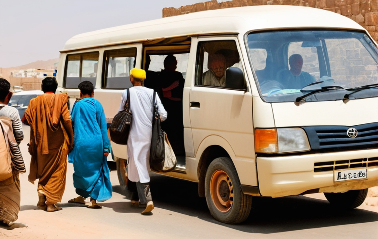 예멘 대중교통 체계 - **Prompt:** "A vibrant, realistic scene depicting a shared minibus, similar to an older Toyota Hiace...