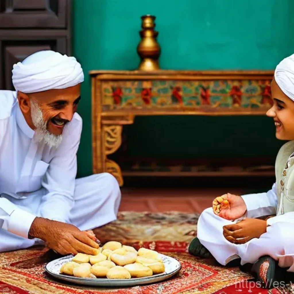예멘 이슬람 명절 축제 - **A Joyful Yemeni Eid al-Fitr Family Gathering:**
    A warm and brightly lit interior of a traditio...