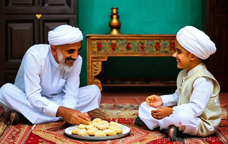 예멘 이슬람 명절 축제 - **A Joyful Yemeni Eid al-Fitr Family Gathering:**
    A warm and brightly lit interior of a traditio...