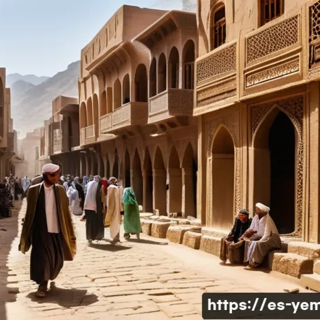 예멘 정치 구조와 주요 정당 - **Prompt:** "A vibrant Yemeni souk scene bustling with people. Merchants, men in traditional thobes ...