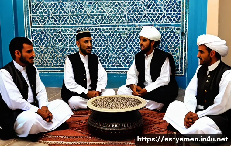 예멘 민족 구성과 부족 사회 - **Prompt 1: Yemeni Majlis and Hospitality**
    A group of Yemeni men of varying ages, dressed in tr...