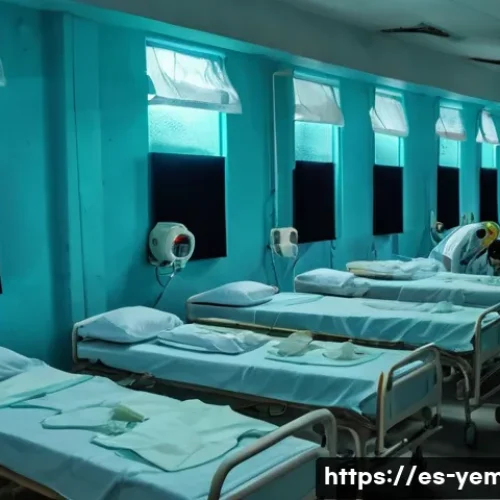 예멘 주요 의료 이슈와 병원 - A crowded, dilapidated hospital ward in Yemen showing exhausted healthcare workers—doctors and nurse...