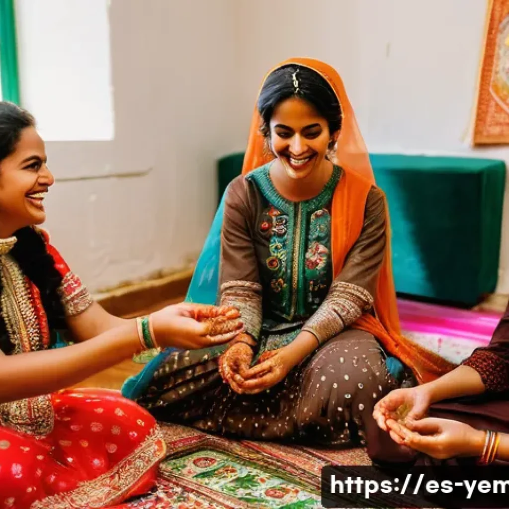 예멘 전통 결혼식 풍습 - A joyful Yemeni bride and her female friends in a warm, intimate room during a henna ceremony, intri...