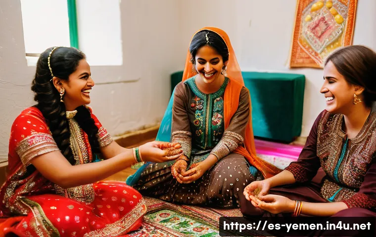 예멘 전통 결혼식 풍습 - A joyful Yemeni bride and her female friends in a warm, intimate room during a henna ceremony, intri...