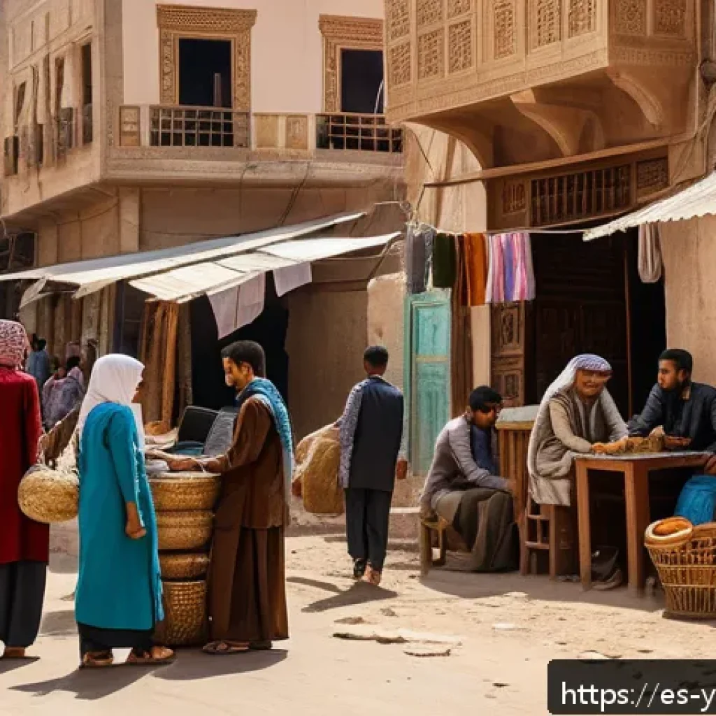 예멘 인구와 경제 성장률 - A vibrant street scene in a Yemeni urban neighborhood showing a diverse group of young people, all d...