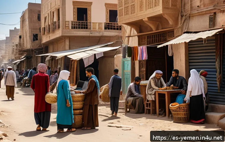 예멘 인구와 경제 성장률 - A vibrant street scene in a Yemeni urban neighborhood showing a diverse group of young people, all d...