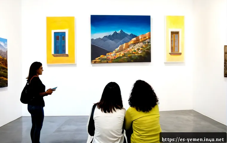 예멘 현대 미술 전시회 - Photorealistic contemporary art exhibition in a bright Madrid gallery, large abstract paintings insp...